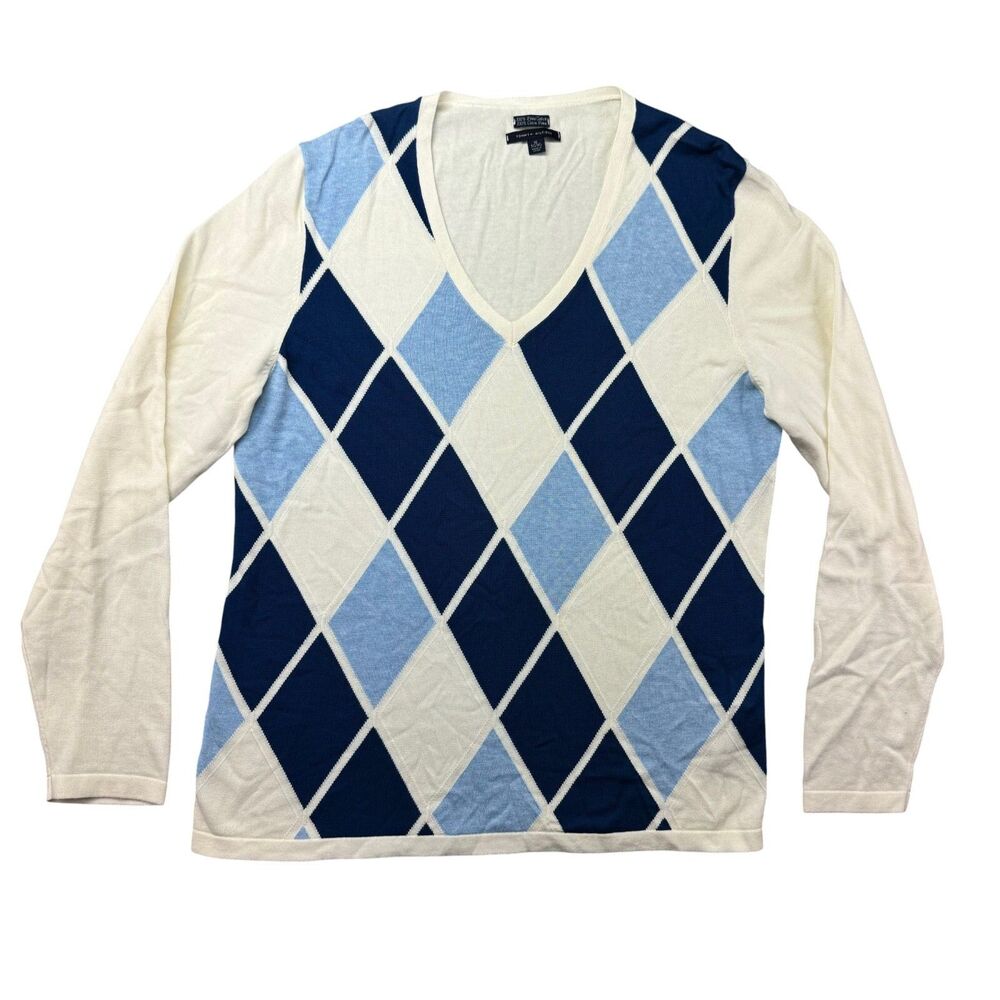 Tommy Hilfiger Sweater Women's Extra Large Long Sleeve Preppy Argyle V-Neck Knit